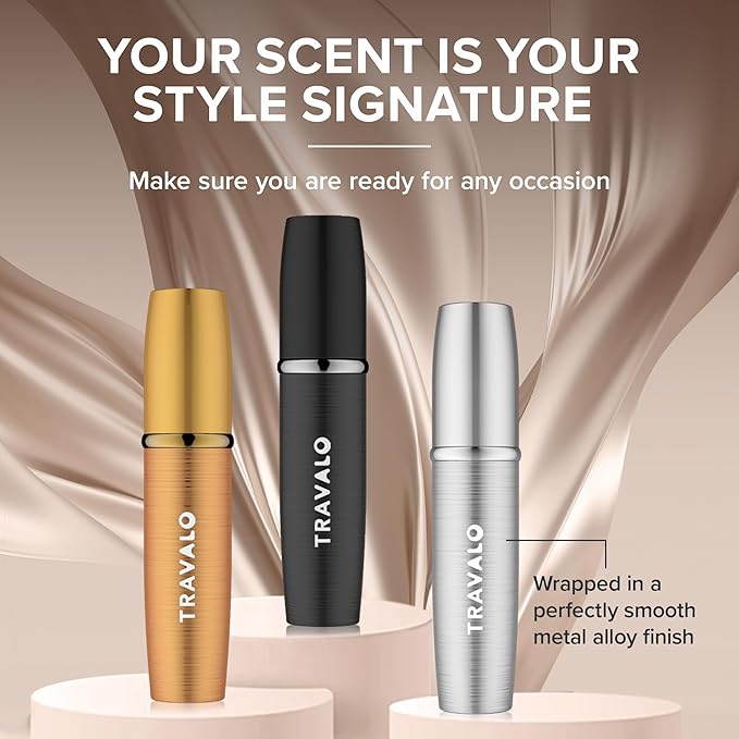 Travalo LUX Perfume Atomizer Bundle - Leak-Proof and TSA Approved for Air Travel - Reusable, Easy Fill Mini Pump Sprayer - Lightweight, Brushed Polished Metal - Gold, Black, Silver - 3 Pack