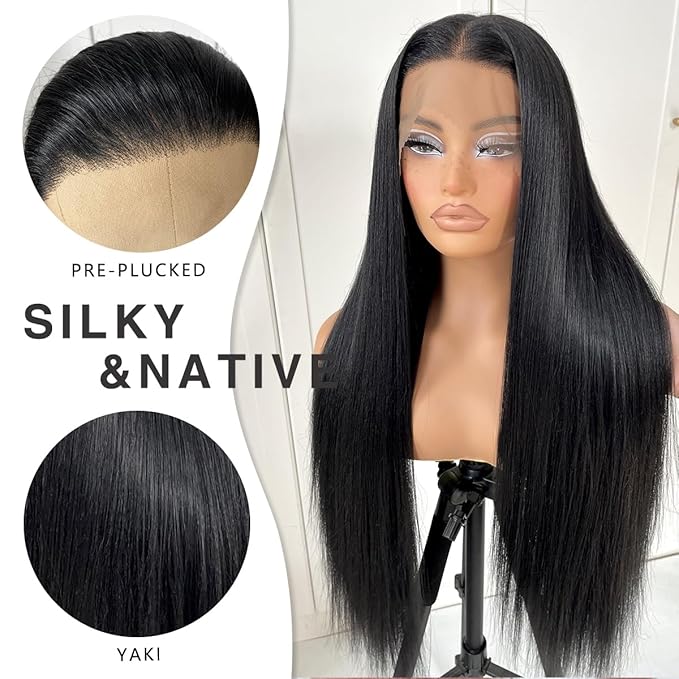 13x6 Long Straight Lace Front Wigs Natural Black Glueless Straight Hair Lace Front Wig Pre Plucked Yaki Synthetic HD Lace Front Wig 32inch