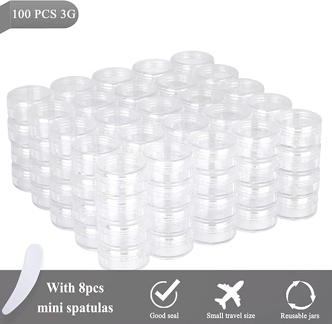 100PCS 3 Gram Sample Containers, 3ml Empty Jars with Lids, Small Cosmetic Containers, Mini Sample Jars with 8PCS Mini Spatulas for Make Up, Oils, Lotion, Powder, Paint, Jewelry, Lip Balms(Clear Lid)