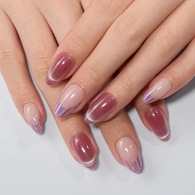 VSALON Short Almond Press-On Nails, 42 Count (Pack of 1), French Tip & Cat Eye, Cream Finish, Plastic, 16 Sizes & 10 Alternative Nails, UV Glue, Easy Tabs, Remover (Rose Sweetheart)