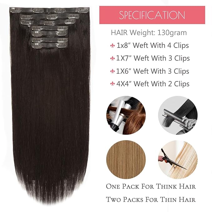 Loxxy Seamless Clip in Hair Extensions Real Human Hair Dark Brown 7Pcs 130G 16Inch Clip in Extensions Human Hair Natural Silky Straight Invisible PU Weft Edge Remy Hair Extensions