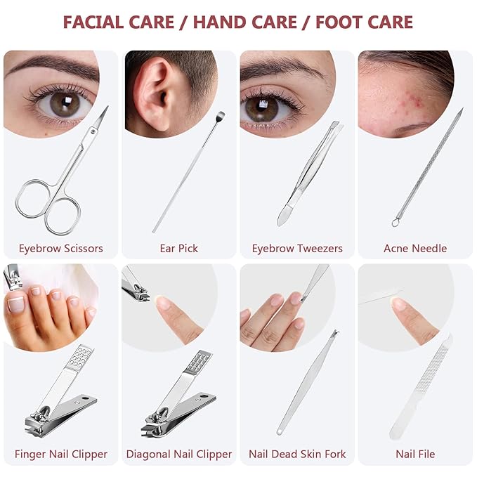 Lasnten 24 Set Manicure Set Bulk Nail Clippers Grooming Nail Kit Stainless Steel Professional Pedicure Kit Pedicure Tools with Travel Case Gifts for Men Women Personal(8 in 1,Red, Silver)