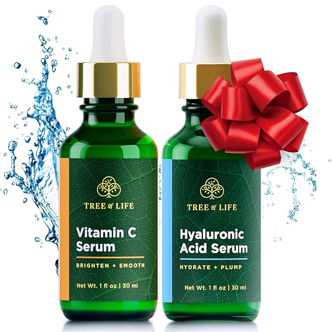 Tree of Life Beauty Facial Skin Care Set, Brightening, Firming, Hydrating, Dry Face, Dermatologist Tested - Vitamin C and Hyaluronic Acid Facial Serum - Skin Care Kit, 2 count of 1 Fl Oz