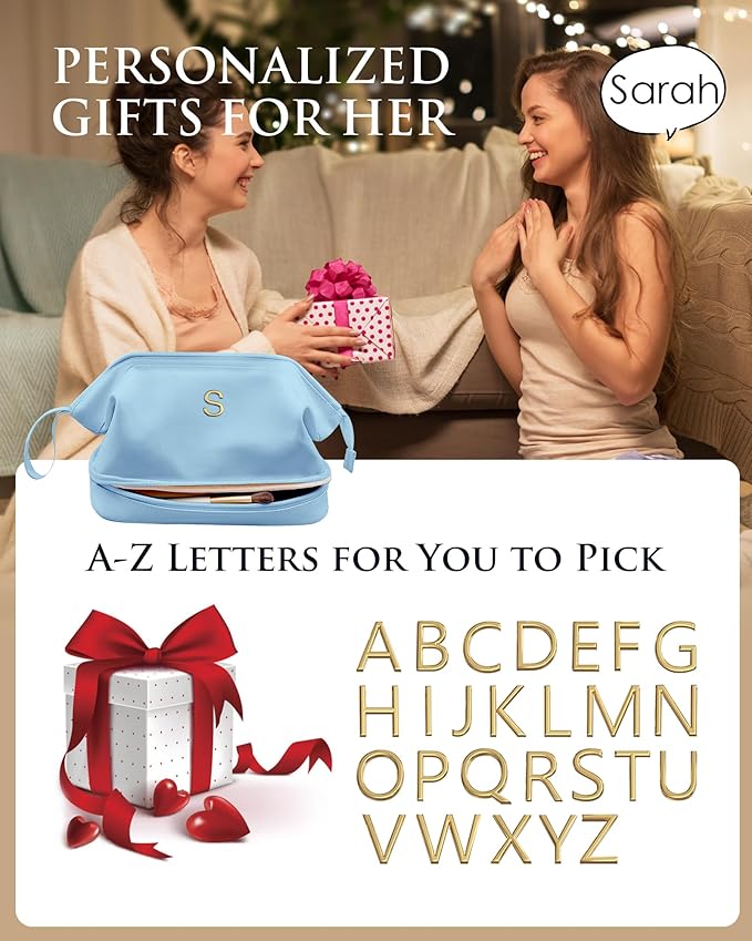 Personalized Teacher Gifts, Initial Large Makeup Bag, Personalized Double Layer Cosmetic Bag with Makeup Brush Organizer, Waterproof, Large Capacity PU Leather Toiletry Bag, Friend gifts