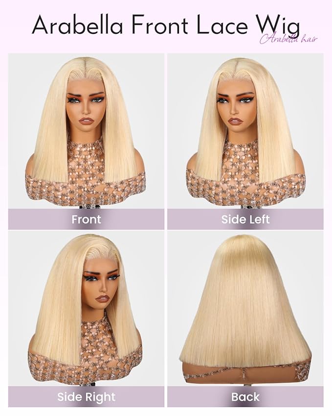 Arabella Lace Front Bob Wig Pre-Plucked, Baby Hair, 210% Density - Human Hair 613 Lace Front - 13x4 Blonde Bob Wig, 12 inches