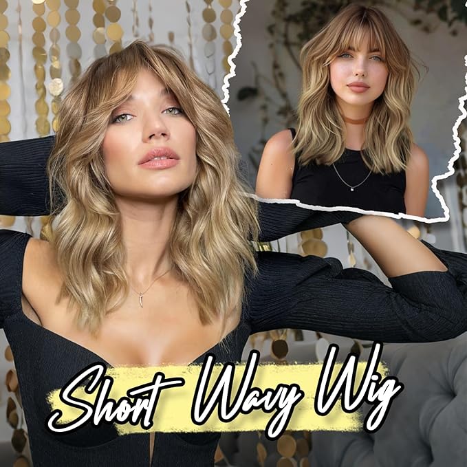 AISI HAIR Synthetic Wavy Curly Bob Wig with Bangs Ombre Blonde Mixed Short Hair for Women Synthetic Heat Resistant Bob Wigs