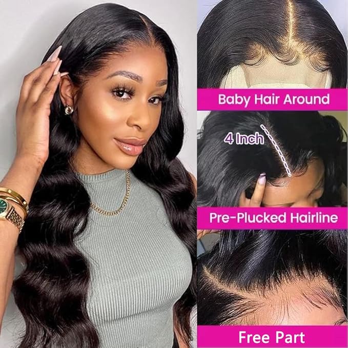 4x4 HD Lace Closure Body Wave Closure Human Hair 14 Inch Free Part Lace Closure 100% Unprocessed Brazilian Virgin Human Hair Extensions 150% Density Remy Human Hair Closure Pre Plucked Natural Black