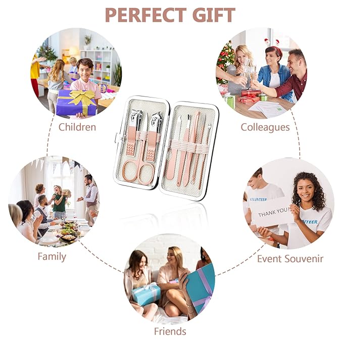 Geosar 12 Sets Manicure Set Nail Clippers Pedicure Kit 8 in 1 Stainless Steel Professional Grooming Kits Nail Care Tools with Travel Case for Men Women(Rose Gold)