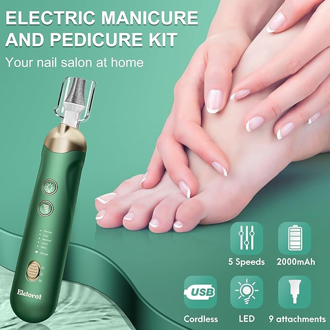 Manicure Kit for Women Men Baby: Eletorot Professional Pedicure Nail File, 8 in 1 Electric Nail File Set, Cordless Pedicure Tools for feet, 5 Speeds Manicure Set, Toe Nail Grinder Kit for Thick Nails