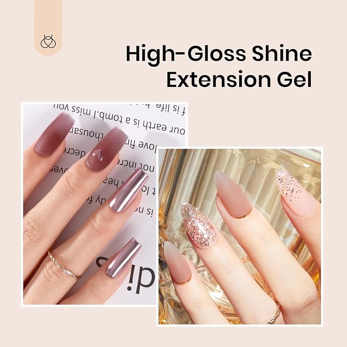 Beetles Poly Nail Extension Gel Kit, 7 Pcs Clear Jelly Glitter Golden Nude Brown Colors Poly Building Gel Enhancement Manicure Kit Top Base Coat Slip Solution Nail Art Soak Off UV Fall Nails