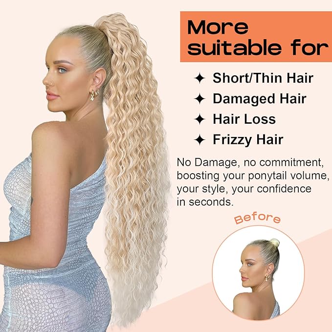 Blonde Ponytail Extension, SEIKEA 26" Lightweight Curly Drawstring Ponytail Long Thick Fake Pony Tail Multi Layered Natural Soft Clip in Hair Extensions Ponytail Ash Gray Ash Blonde Highlights