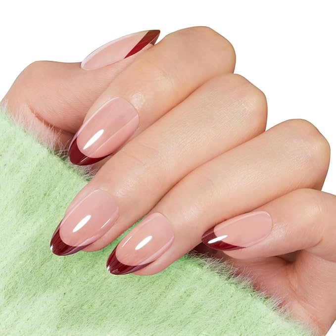 Modelones Press on Nails Almond, Short Red French Tip Fake Nails Chrome, Spring Easter Nail Kit with Nail Glue Adhesive Tabs Mini Nail File, Nails Press Ons 32Pcs 16 Sizes, Women Girl Gift