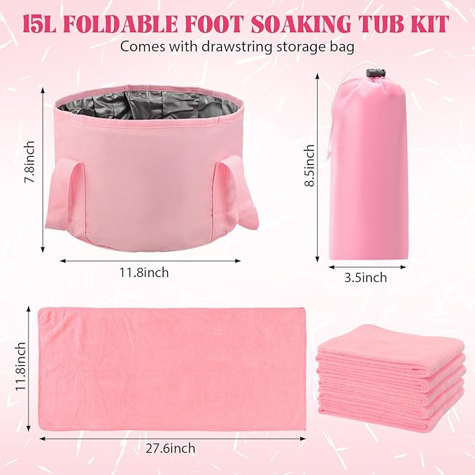 12 Pcs 15L Foldable Foot Soaking Tub Kit Portable Foot Bath Tub Foldable Foot Basin Bath Foot Tub for Soaking Feet with Towel and Storage Bag Soak Spa Bucket for Travel Camping (Pink)