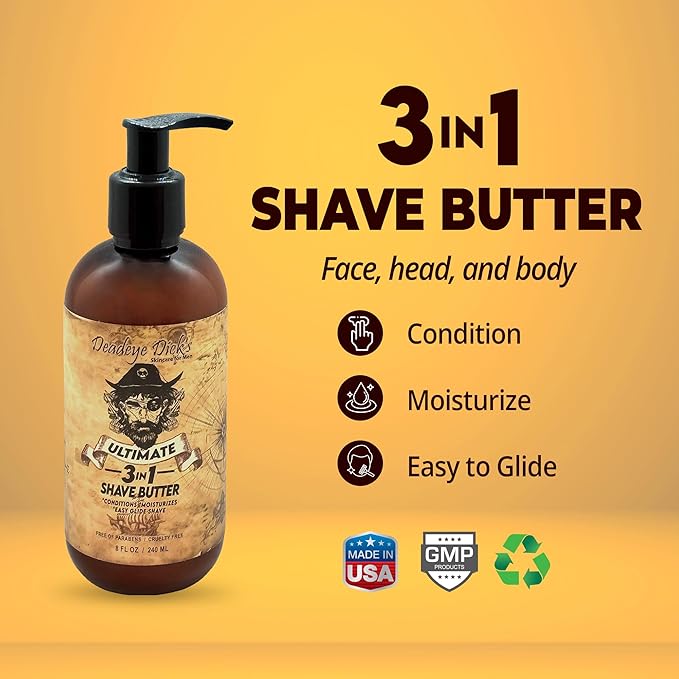 DeadeyeDick's 3-in-1 Shave Butter for Men | Natural Shaving Cream Mens for Face, Head & Body | Gentle & Comfortable on All Skin Types | 8 FL OZ
