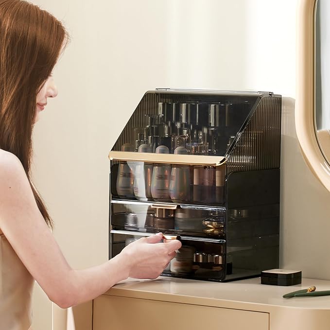 Makeup Organizer with Lid Cosmetic Storage Box for Bathroom Counter Cosmetic Display Case with Drawers for Vanity Countertop Makeup Storage with Lipstick Holder(Clear Black Flat Lid)