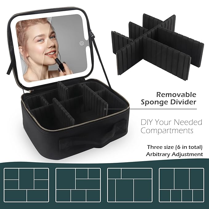 MOMIRA Travel Makeup Bag Cosmetic Bag Makeup Organizer Bag with Large Lighted Mirror 3 Color Scenarios Adjustable Brightness, Waterproof Makeup Travel Case, Large Makeup Train Case Toiletry Gift