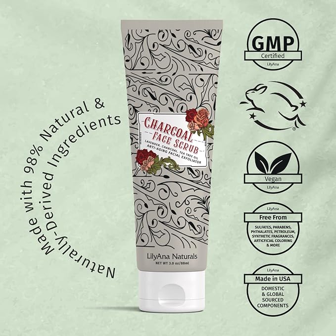 LilyAna Naturals Charcoal Face Scrub 3 Oz and Face Cream 1.7 Oz Bundle - Anti-Aging Facial Exfoliator and Face Cream, Face Moisturizer For Dry Skin, Rose and Pomegranate Extracts - for Women and Men