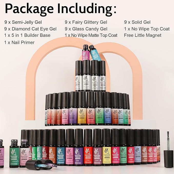 Lavender Violets 49 PCS Cat Eye Gel Nail Polish Set,Solid/Glittery/Nude Pink Jelly Nail Polish Gel/9D Holographic Magnetic Gel Nail Polish Gel Kit with Nail Primer,Base,Glossy,Matte Top Coat A901