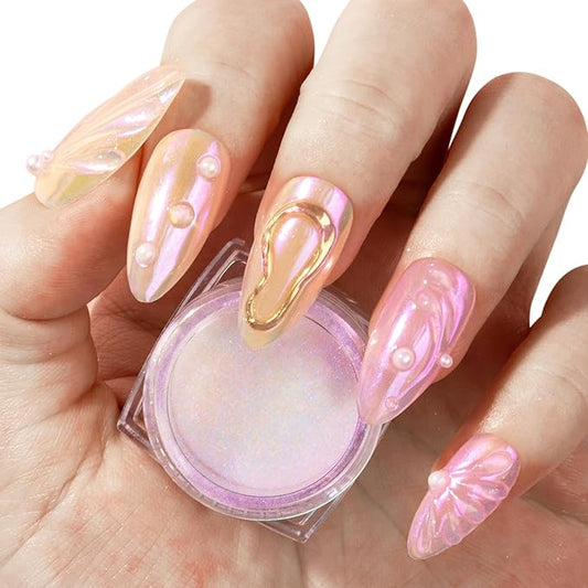 MelodySusie Unicorn Chrome Nail Powder,Ice Transparent Aurora,Mirror Effect,Color Changing Pearlescent,Multi-color Chrome Rainbow Pigment Super Shiny,Suitable for Home DIY Nail Salon