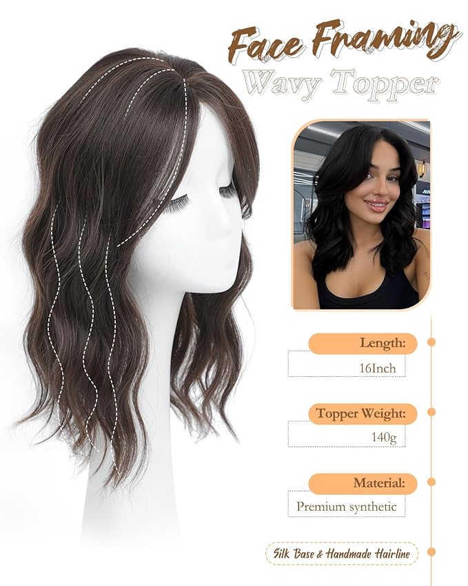 PANEWAY Hair Topper 16Inch Hair Toppers For Women Wavy Curly Soft Brown Clip In Hair Topper Add Hair Volume Synthetic Wiglets Hair Pieces For Women