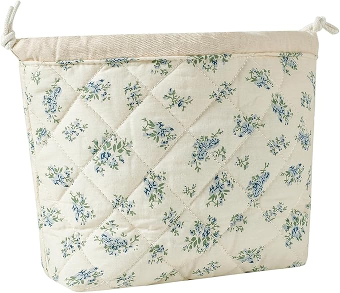 Cotton Quilted Drawstring Makeup Bag with Canvas Lining,Coquette Aesthetic Cute Travel Toiletry Bag,Drawstring Gift Bag for Women and Girls（11Blue Flower）