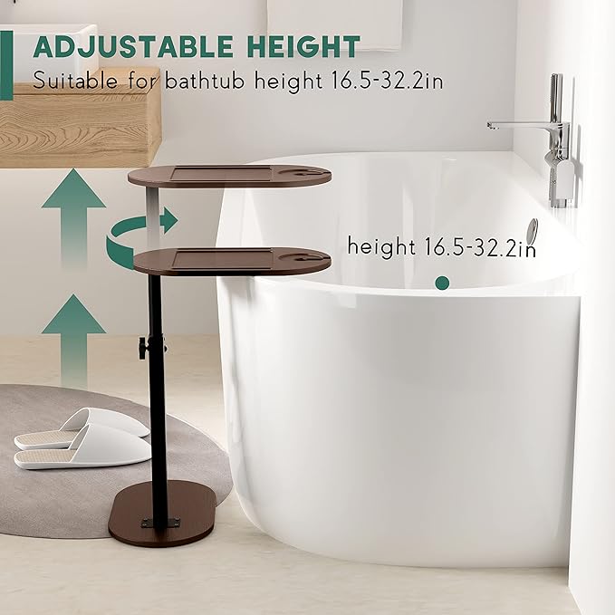 Bamboo Bathtub Tray Table with Adjustable Height, Freestanding Bath Caddy Side Table for Tub Against Wall, Tub Shelf with Wine Glass Phone Holder, Functional Tray - Patent Protected (Brown)