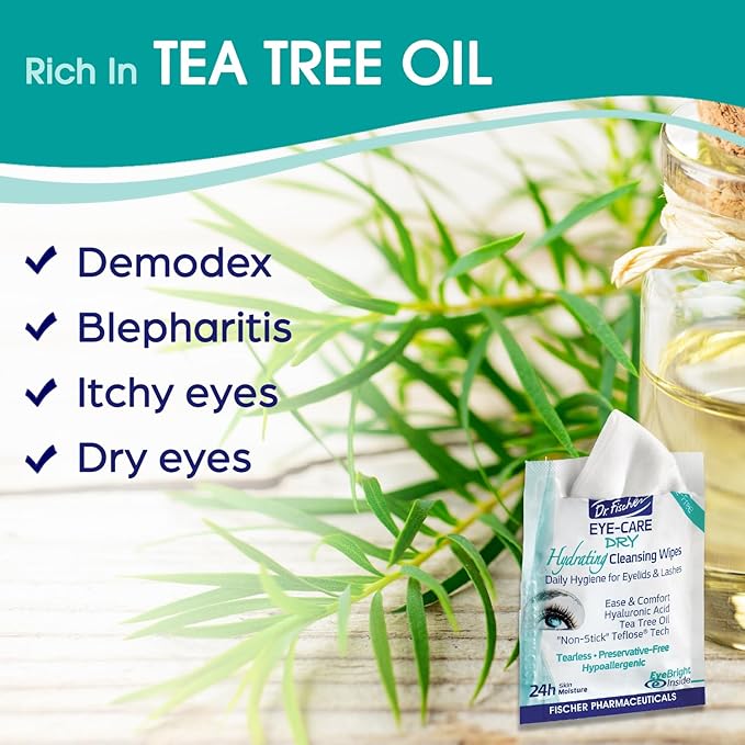 Dr. Fischer Tea Tree Eyelid Wipes - Gentle Eye Wipes for Everyday Eye Cleansing and Hypoallergenic Makeup Remover