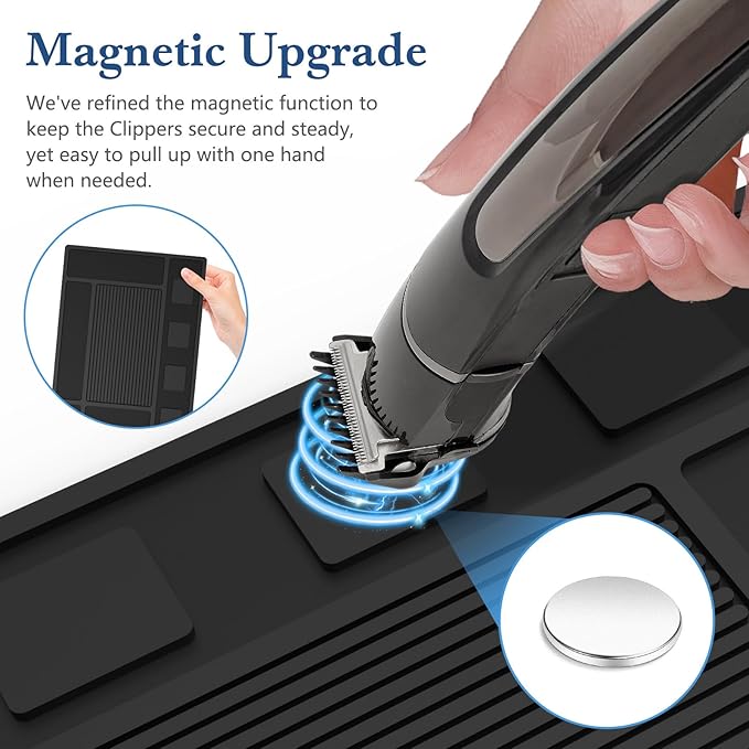 Magnetic Barber Mat for Clippers,Station Barber Tool Organizer Mat Rubber for Scissors Salon Barbershop Beauty Tools with 4 Slots Flexible Silicone Barber Pad Non-Slip Professional Barber Accessories