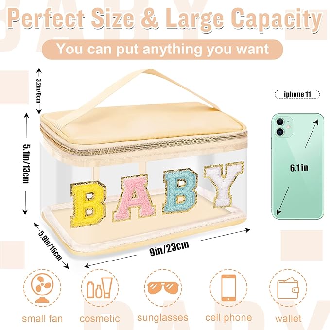 Chenille Letter Clear Makeup Bags Baby Pouch, Preppy Patch Makeup Bag Zipper with Handle, Transparent PVC & Nylon Waterproof Glitter Cosmetic Handbag Travel Toiletry Storage for Women Girl(BABY-Beige)