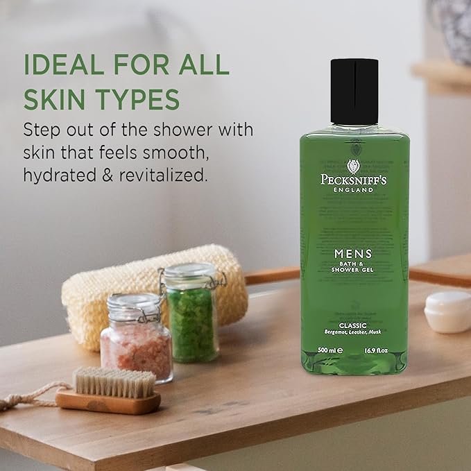 Pecksniff's Men's Luxurious Moisturizing Bath & Shower Gel | Luxury Shower Fougere Scent with Bergamot, Leather, Lavender | Mens Shower Gel | Invigorating Classic Scent, 500ml