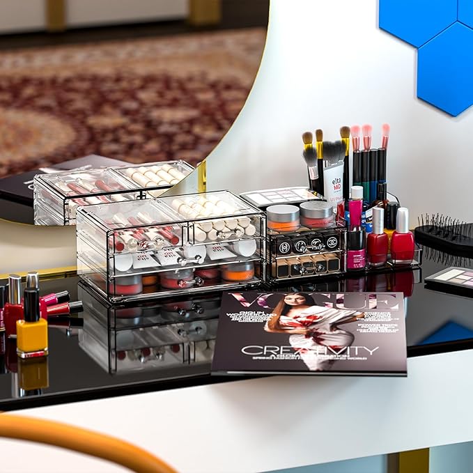 Cq acrylic Make Up Organizers for Vanity With 6 Drawers, 2 Pack Clear Drawer Organizers,Plastic Cute Desk Accessories Organization and Bathroom Organizers Storage Case Box Cube for Beauty,Skin Care
