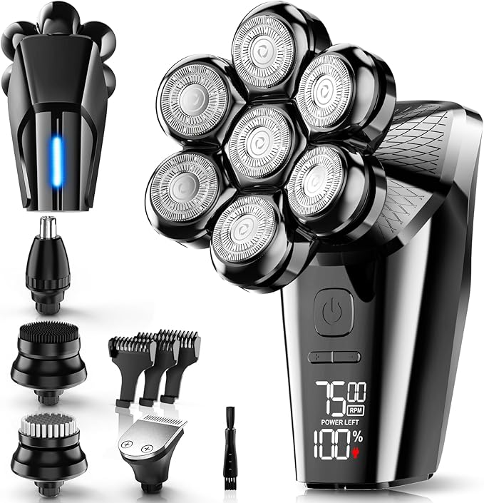 Hexus Head Shavers for Bald Men, Detachable Head Shaver Dry/Wet Bald Head Shaving for Men, IPX7 Waterproof Electric Razor Grooming Kit with LED Display and Type-C Charge, Light Black
