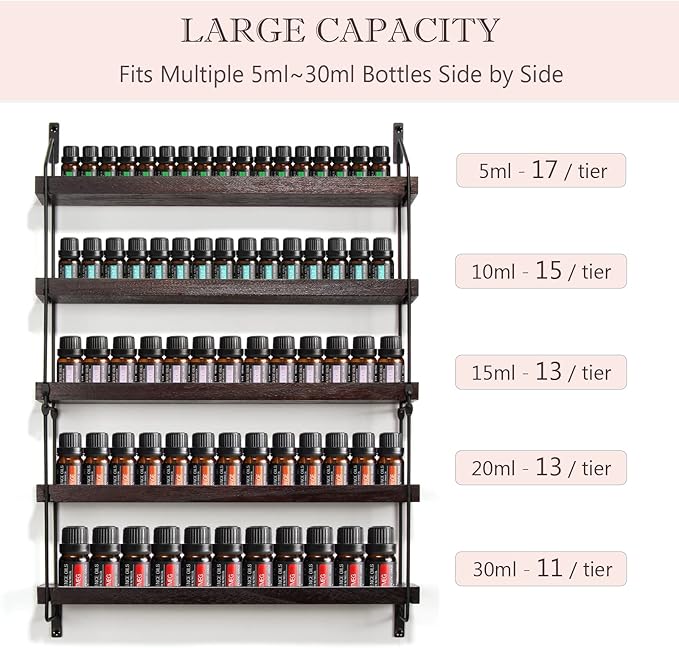 THYGIFTREE Essential Oil Storage Shelf Wall Mounted Wooden Essential Oil Collection Display Rack Organizer 5 Tiers Holds 75 Bottles, Nail Polish Holder Paint Organizer