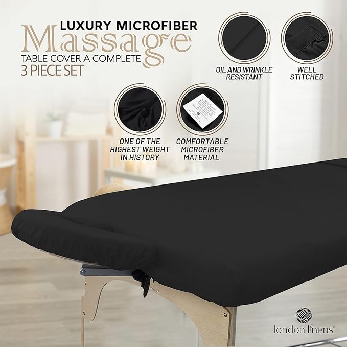 LONDON LINENS Pack of 2 Soft Microfiber Massage Table Sheets 3 Piece Set - Includes Massage Table Cover, Massage Fitted Sheet, and Massage Face Rest Cover (Black)