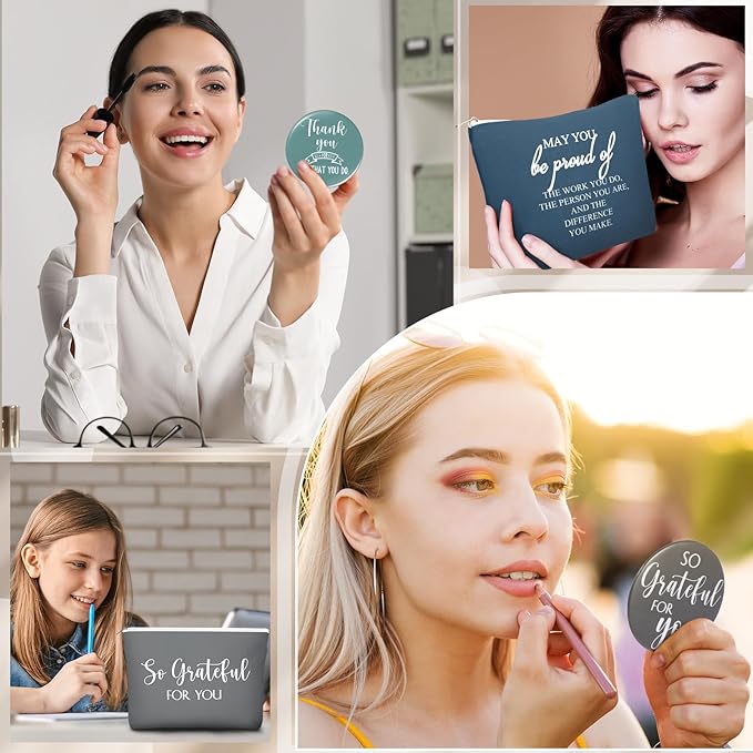 20 Pcs Employee Appreciation Gifts 10 Inspirational Canvas Makeup Bags 10 Compact Mirrors Bulk Cosmetic Bags Round Portable Pocket Mirror Thank You Gifts for Women (Praise)