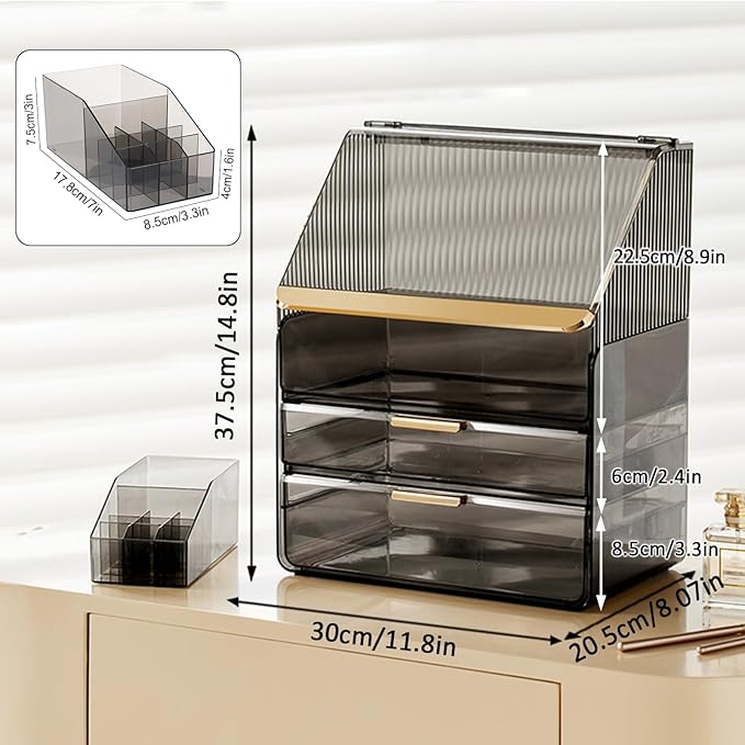 Makeup Organizer with Lid Cosmetic Storage Box for Bathroom Counter Cosmetic Display Case with Drawers for Vanity Countertop Makeup Storage with Lipstick Holder(Clear Black Flat Lid)