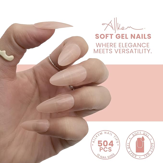 Allkem Soft Gel Nail Tips - Medium Long Square Nail Extensions Kit - 12 Sizes Long Full Cover Nails - Nude (504 Pieces)