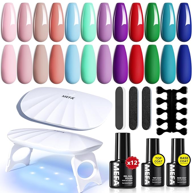 MEFA 19 Pcs Gel Nail Polish Kit with U V Light, 12 Colors All Seasons Soak Off Gel Polish Nail Set with Base Top Coat Essential Manicure Tools Beginners Salon Nails Art