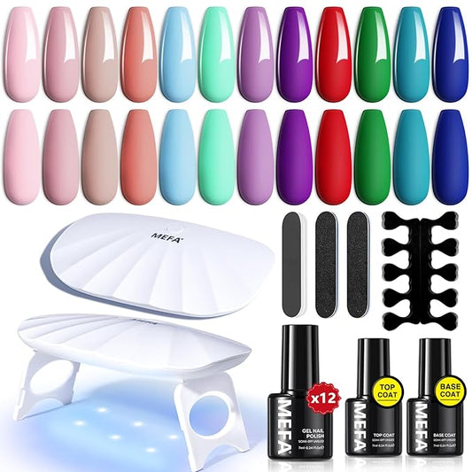 MEFA 19 Pcs Gel Nail Polish Kit with U V Light, 12 Colors All Seasons Soak Off Gel Polish Nail Set with Base Top Coat Essential Manicure Tools Beginners Salon Nails Art