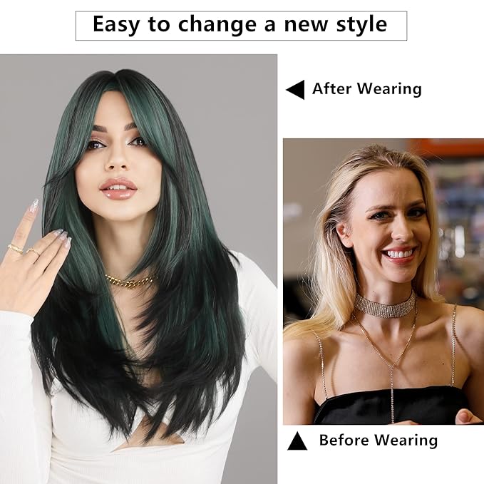 7JHH WIGS Long Straight Wigs with Curtain Bangs,Green Highlight Layered Wig for Women Synthetic High Density Heat Resistant Hair Wig for Daily Party 24 Inches
