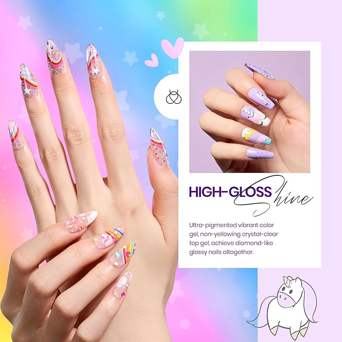 Beetles Neon Gel Nail Polish Set, 24 Pcs Purple Blue Hot Red Gel Nail Polish Green Glitter Gel Polish Unicorn Collection Soak off UV with Glossy & Matte Top and Base for Women