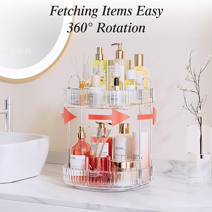 Delamu Rotating Bathroom Countertop Organizer, Large Capacity 2-Tier Multi-Function Storage for Cosmetics, Skincare, and Perfume. Makeup Organizer Countertop Ideal for Dresser, Bathroom,Vanity, Clear