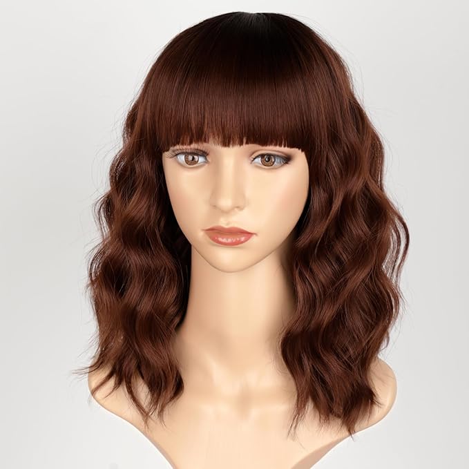 AISI HAIR Synthetic Wavy Curly Bob Wig with Bangs Ombre Reddish Brown Short Hair Wigs for Women Synthetic Heat Resistant Bob Wigs