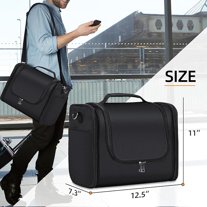 Buruis Extra Large Capacity Toiletry Bag for Women and Men, Hanging Toiletry Organizer Cosmetics Makeup Bag, Water-resistant Dopp Kit for Full Sized Toiletries, Travel Essentials (Black)