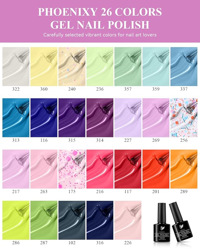 PHOENIXY 47 PCS Gel Nail Polish Kit with U V Light 48W, 26 Classic Colors Gel Nail Polish Set with 4 Bottle Base Top Coat Nail Art Decorations Manicure Tools DIY Salon Home Gifts For Women SS9026
