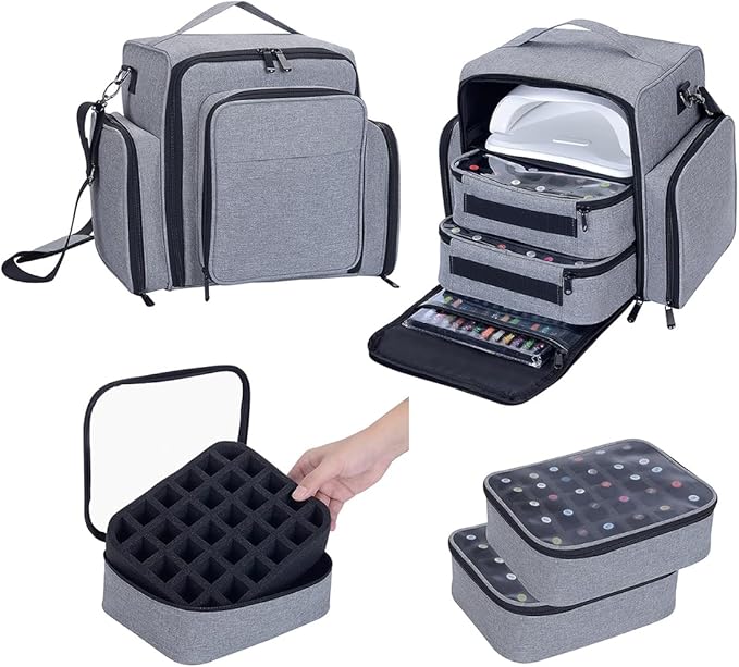 Nail Polish Organizer Case Holds 60 Bottles Portable Travel Storage Box with 2 Detachable Bags, Designed for Women's Nail Tools, Essential Oils and Cosmetics Sets Grey