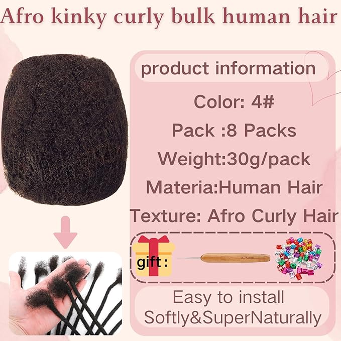 Afro Kinkys Bulk Human Hair for Dreadlock Extensions,Repair Locs, Twists and Braids, 8 Packs 240 Gram Each Package 100% Human Hair Afro Kinky Bulk Can be Dyed and Bleached (Dark Brown 4# 8inch)