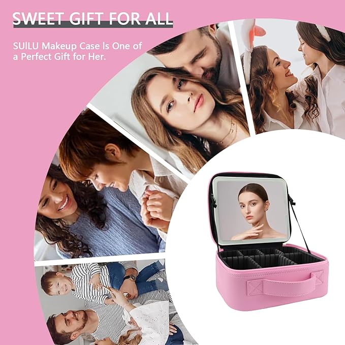 Travel Makeup Bag with LED Lighted Mirror,Cosmetics Organizer, Makeup Bag with 3 Color Lighted Setting, Portable Storage and Adjustable Dividers Travel Makeup Bag(Dark Pink)