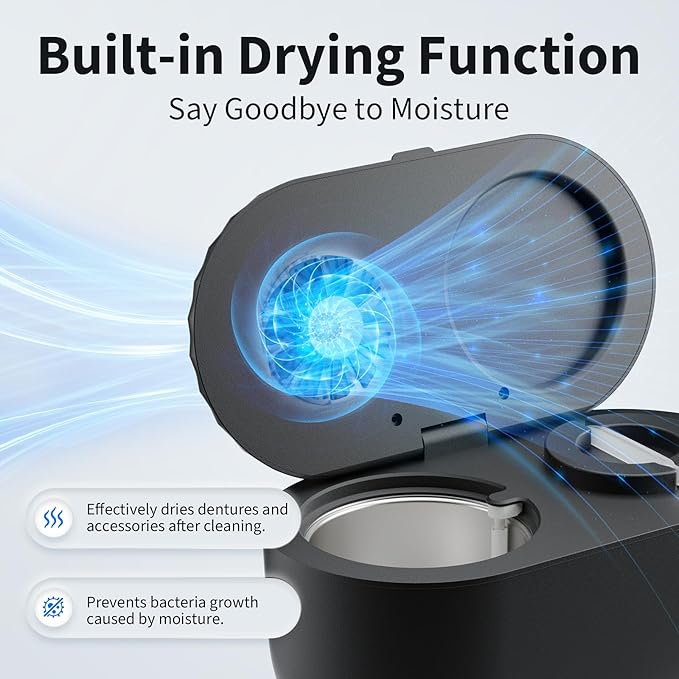 Ultrasonic Retainer Cleaner with Cleaning, Pumping, and Air-Drying Functions, 45kHz Retainer Cleaner Machine, 200ml Denture Cleaner for Dentures, Mouth Guards, Braces, Toothbrush Heads, Jewelry(Black)