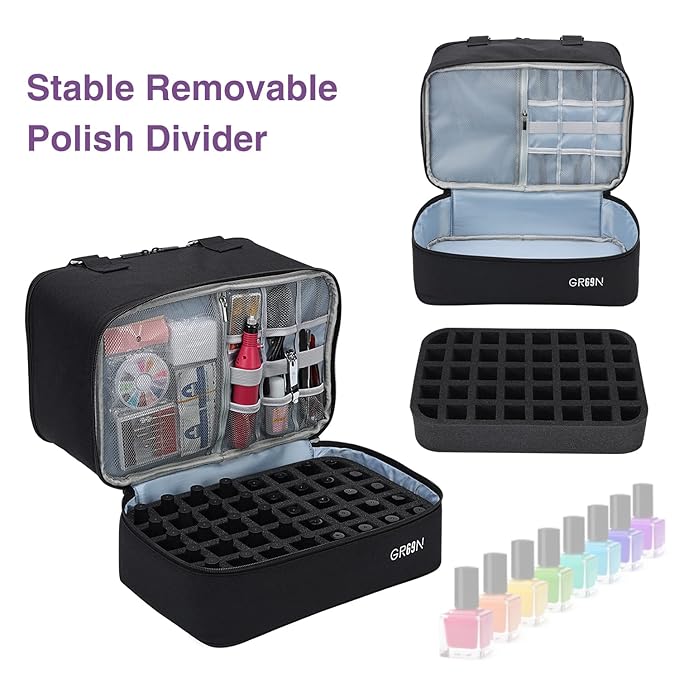 Nail Polish Organizer Bag,Double Layer Nail Polish Storage Fits a Nail Lamp and 40 Bottles,Great Size Nail Storage Organizer For Nail Drill,Nail Supplies Set (Bag Only)-Black